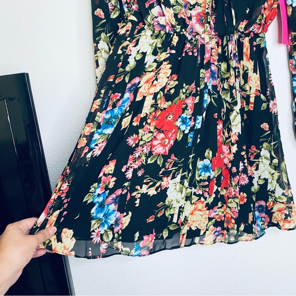 Betsey Johnson NEW Floral Tie Front Lace Peasant Sleeves Chiffon Mini Dress 2 - Picture 4 of 10